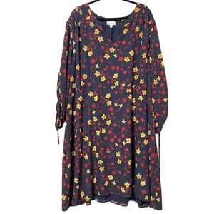 Molly & Isadora Dress Blue & Yellow Floral Knee Length Womens 32W Boho Ruched